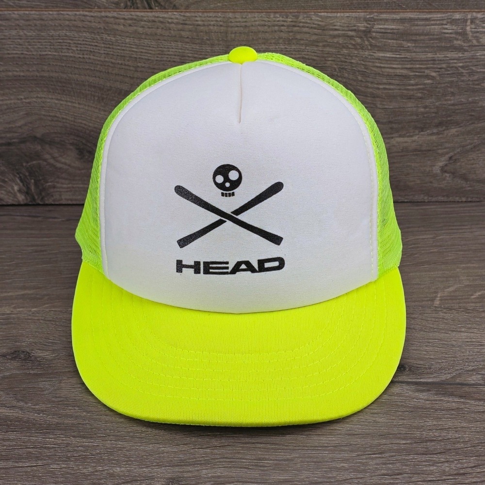 VINTAGE Head Hat Cap Mens Foam Front Snapback Neon Yellow Ski Skiing 90s Trucker